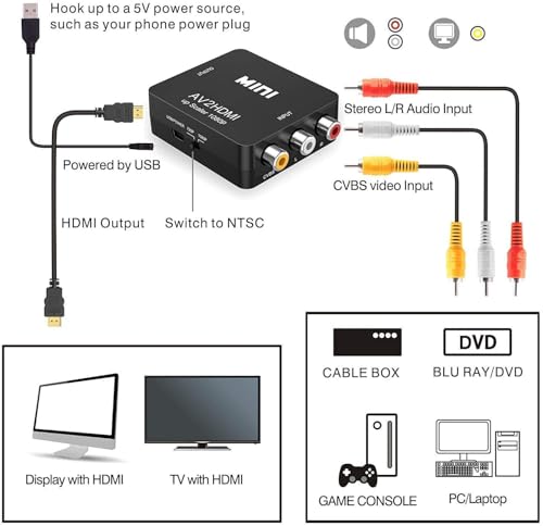Image of T&S AV to HDMI Converter, RCA to HDMI, 1080P Mini RCA Composite CVBS Video Audio Converter Adapter Support PAL /NTSC for TV /PC / PS3 / STB /Xbox VHS /VCR /Blue-Ray DVD Players