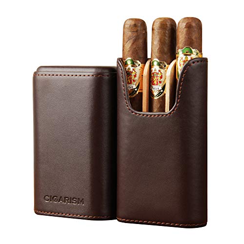 CIGARISM Cedar Lined Travel Holder Leather Cigar Case 3 Count (Coffee W/Barrier)