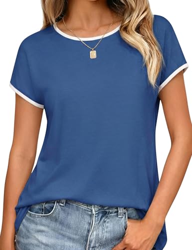 Image of Leversic Casual Women Tops Plain Short Sleeve T-Shirt Crew Neck Regular Fit Summer Tunic Basic Tee (Dark Blue,S)