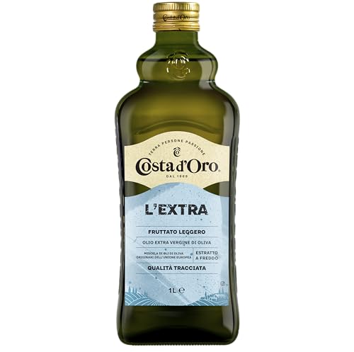 Costa d'Oro - L'Extra fruttato leggero 1L. Olio Extravergine di oliva estratto a freddo, gusto delicato e poco invadente. Bottiglia da 1 litro.