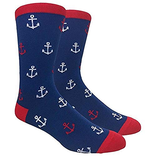 Men's Novelty Fun Crew Socks for Dress or Casual (Anchor 1 - Blue & Red)