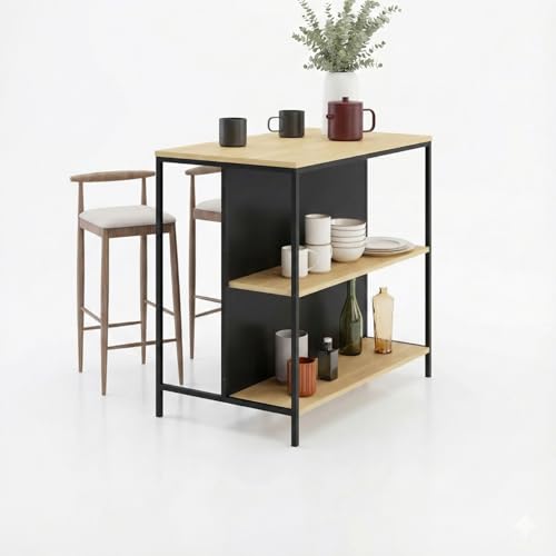 Image of FFO Modern Bedside Table with Drawer & Open Shelf, Wooden Top with Metal Frame, Compact Nightstand for Bedroom, End Table for Living Room
