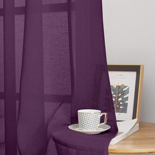 Image of Amazon Basics - Linen Textured Sheer Door Curtains | Light Filtering | 5 Feet | Set of 2 | Plain Design | for Living Room, Bedroom & Balcony | 150cm x 115cm, Color - Purple