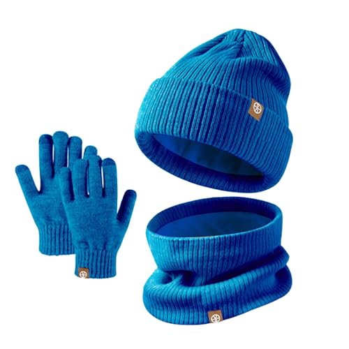 Image of Kids Winter Hat Scarf Gloves Set - Thermal Knitted Beanie with Soft Fleece Neck Warmer for Children Aged 2-8