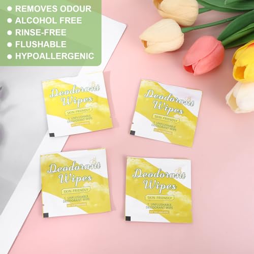 Image of 100Pcs Travel Deodorant Wipes, Travel Size Mini Deodorant Wipes Bulk for Homeless, Individually Wrapped Body Cleaning Supplies for Women Wet Armpit for Body Cleaning Lemon