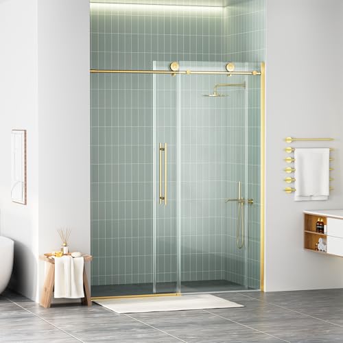 WinZo Porte de douche sans cadre de 142,2 à 152,4 cm de large x 190,5 cm de haut, porte de douche coulissante en verre trempé transparent de 8 mm, facile à...