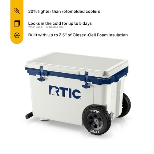 Image of RTIC 52 Quart Ultra-Light Wheeled Hard Cooler Insulated Portable Ice Chest Box for Beach, Drink, Beverage, Camping, Picnic, Fishing, Boat, Barbecue, 30% Lighter Than Rotomolded Coolers