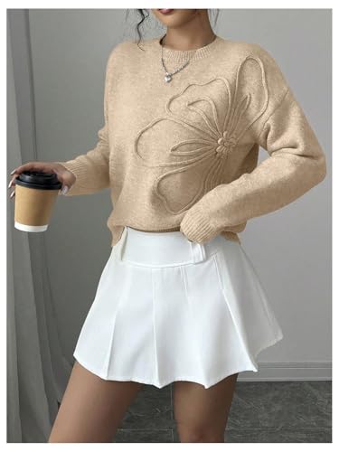 Image of RoseSeek Women's 3D Floral Appliques Crewneck Sweaters Long Sleeve Drop Shoulder Pullovers Elegant Knit Tops