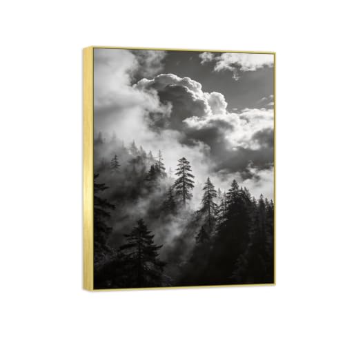 Tableau Arbre Nuages 2 noir et blanc cadre doré, toile décoration murale paysage 30x40