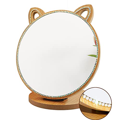 Louphee Vanity Makeup Mirror With Crystal Rhinestone Diamond Girls Mirror Cute Cat Shape For Counter Top (6.7") #TOP7