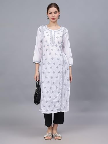 Image of Seva Chikan Hand Embroidered Lucknowi Chikankari Cotton Straight Kurta for Women SCL4567
