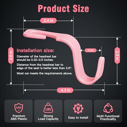 Image of 4-Pack Car Headrest Hooks Holds 55lbs Seat Storage Organizer for Bags | Durable ABS Material, 360 Rotating, Car Hanger for Backpack Umbrella Water Bottle Coat Purses Handbags Groceries, Pink
