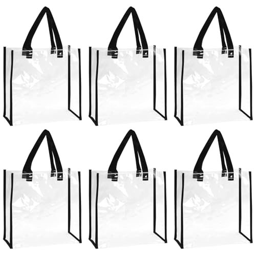 6 Packs Stadium Approved Clear Tote Bag, 12 x 12 x 6 Inches PVC Waterproof Transparent Carry Bags with Handles for Picnics, Wedding Gift Bags, Beach Camping, Concerts, Sports Events, Games
