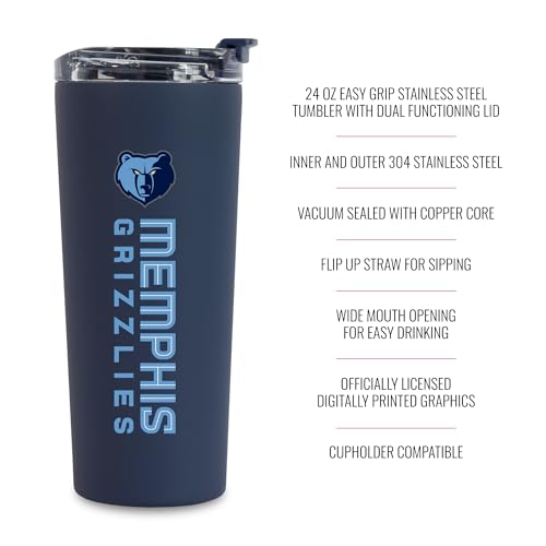 Image of Rico Industries NBA Basketball Memphis Grizzlies Navy 24oz Stainless Steel Tumbler with Lid and Dual Functioning Lid