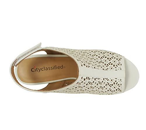 Image of CITYCLASSIFIED inchElect inch ~ Women's Peep Toe Laser Cut Geometric Caged Slingback Ankle Strap Low Stacked Heel Ankle Bootie