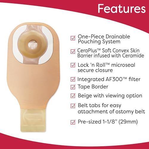 Image of Hollister 8963 CeraPlus Soft Convex 1-Piece 12 inch Drainable Ostomy Pouching System, 5 Pack, Beige with Viewing Option, Pre-Sized 1-1 /8 inch