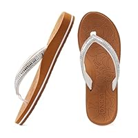ONCAI Tongs femmes avec strass soutien de la voûte plantaire Yoga Mat Confort Mode 2025 Eté Plage Thong Sandals avec Orthopédique Antidérapante Semelles en caoutchouc Blanc/Kaki Taille 38