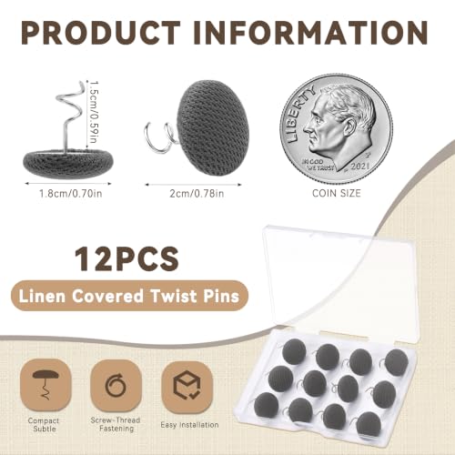 Image of Lunarm Linen Twist Pins 12pcs Upholstery Bedskirt Pins Grey Fabric Covered | Fabric Covered Button, Tightly Grip, Multipurpose for Furniture, Sofa,Headliner, Armrest Covers, Slipcovers, Storage Case