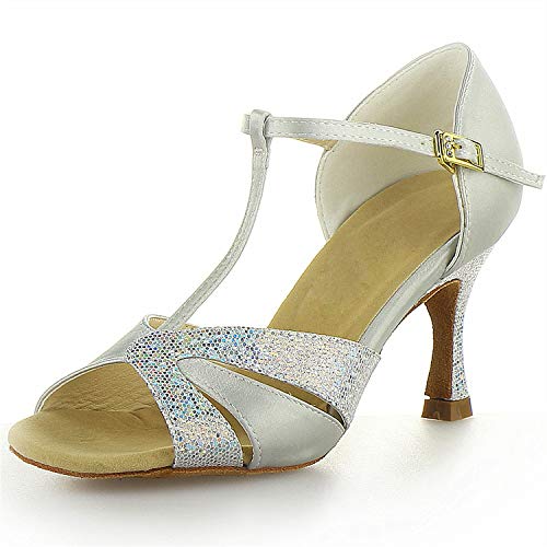 JIAJIA 20518 De Las Mujeres Sandalias de Raso Tacón Acampanado latín Salsa Actuación Zapatos de Baile Color Plateado,Tamaño 40