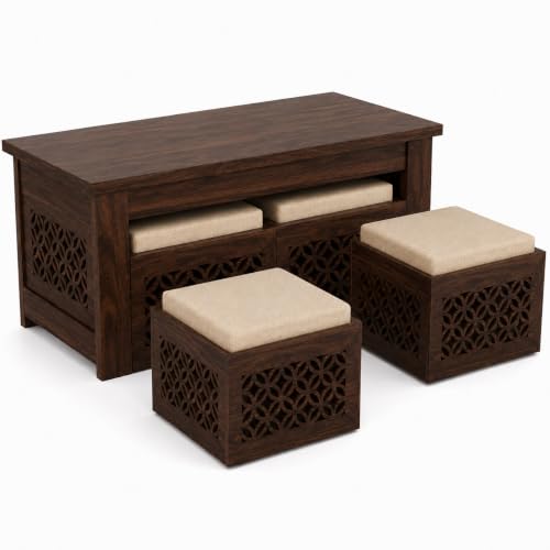 Image of Solid Sheesham Wooden Coffee Table with 2 Cushioned Stool|Teapoy Center Piece for Home Sofa Center Table for Living /Drawing Room,Hall|Space Saving Indoor Tea Table Set(Walnut Finish) CNC