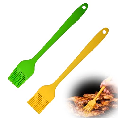2 piezas brocha para hornear, brochas de cocina libres de BPA, diseño de pieza individual brocha para hornear de silicona, brocha de silicona de 20 cm para hornear, cocinar, asar (amarillo + verde)