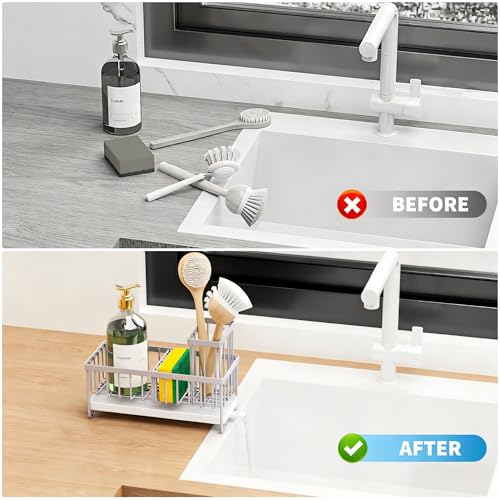 Image of Cisily Sponge Holder for Kitchen Sink, Sink Caddy Organizer with High Brush Holder, Kitchen Countertop Organizers and Storage Essentials, Rustproof 304 Stainless Steel (Gray, 9.25″)