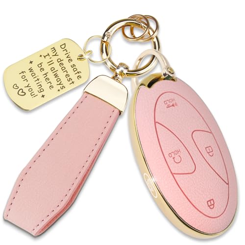 Quekine Soft TPU & Leather Key Fob Cover Compatible with Hyundai Ioniq 6 Grandeur KONA Santa Fe Elantra Tucson Sonata Sonata SEL Santa Cruz with Keychain & Metal Blessing Tag (5 Button Pink)