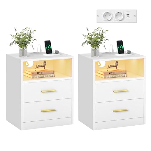 VASAGLE Custos Collection - Lot de 2, Tables de Chevet avec Multiprise, LED, Tables d’Appoint avec Tiroirs, Compartiment Ouvert, 2 Prises CA, Ports USB, Blanc Nuage...