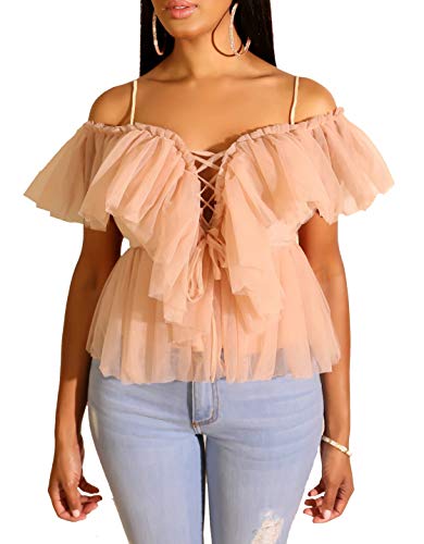 Blansdi Women Off Shoulder Deep V Neck Lace Up Spaghetti Strap Mesh Ruffles Peplum Tops Blouse Shirt Apricot Medium