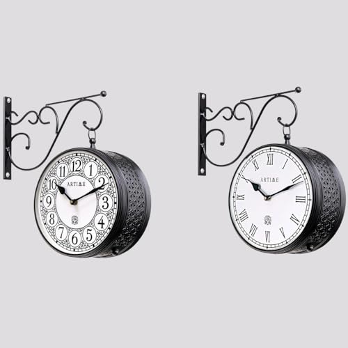 Image of Handcrafted Double Side Metal Analog Vintage Wall Clock | 1.5 Year Machine Warranty | 12 INCHES | 1 Side Number 1 Side Roman,Color Black