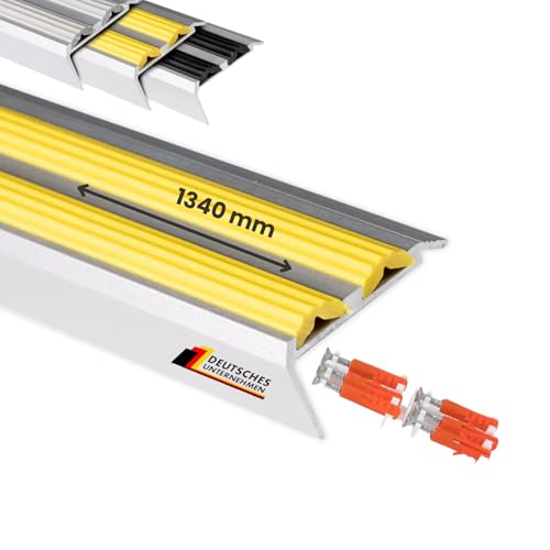 Perfil de borde de escalón Power Grip con base de goma antideslizante | Preperforado o autoadhesivo | Incluye material de montaje (134 x 3,8 x 2 cm | preperforado, amarillo | doble capa de goma)