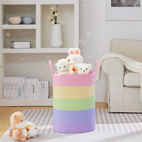 Image of VIPOSCO 72L Tall Woven Rope Laundry Hamper, Leather Handles, Rainbow | Large Wicker Laundry Basket for Dirty Clothes, Blanket, Toy, Towel, Yoga Mat, Storage Bin in Bedroom, Bathroom, Living Room