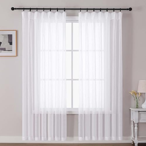 OVZME Crushed Voile White Sheer Curtains 72 Inches Long 2 Panels Set, Semi Sheer Light Filtering Pinch Pleated Curtains for Windows, Soft Fabric Window Drapes for Living Room, 2x42Wx72L Inches