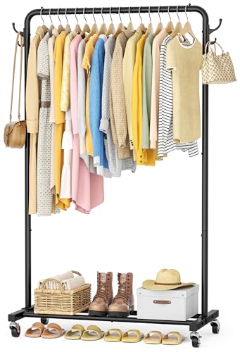 HOMIDEC Clothes Rail Metal Clothes Rack with 4 Side Hooks Bottom Storage Shelf and Wheels Heavy-Duty Clothing Rail Holds Up to 40kg Clothes Rails for Bedroom Hallway Clothing Stores Black