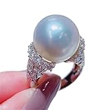 LRGKMCWTOB Baroque Vintage Imitation Pearl Ring Women's Large Pearl Luxury Engagement Ring Diamond Sterling Silver Fresh Water Pearl Cubic Zirconia Ring (Size 8）