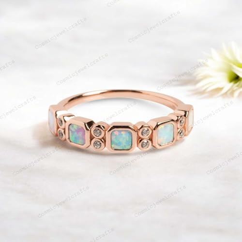 Vintage Princess-Cut Opal Wedding Band, Rose Gold Bezel Setting Band, July Birthstone Ring, Diamond Half Eternity Band Promise Ring Gift3