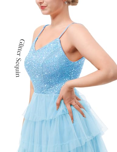 Image of Dressystar 2026 Women's Tiered Sparkly Sequin Glitter Formal Prom Dress Mini Spaghetti Strap Tulle Cocktail Party Dresses