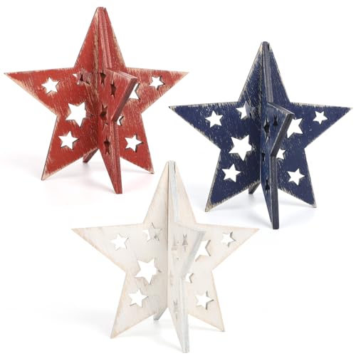 COCHIE 6 Inch Labor Day Decorations Wooden Stars Set, Vintage 3D Star Memorial Day...