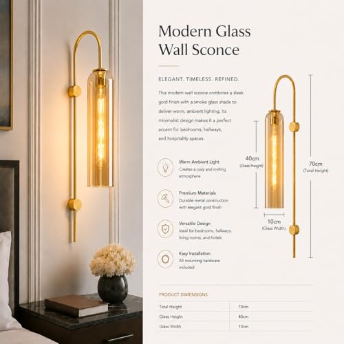 Image of Long Glass Wall Light with Modern Gold Finish Fixture Metal for Bedside, Bedroom, Living Room, Drawing Room, Passage, Show Peice, Home, Hotel, Bar, Cafe, with 30cm Long Bulb (Gold)