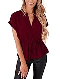 Womens Button Down Blouses Casual Peplum Summer Tops Dressy Chiffon Work Blouse Red