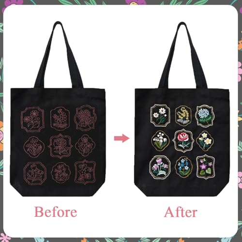 Image of PATPAT DIY Embroidery Canvas Tote Floral Embroidery Canvas Shoulder Bag Artcraft Material Pack With 35x33Cm Bag & Color Yarns,Needles,Hoop And Tools DIY Book,Black