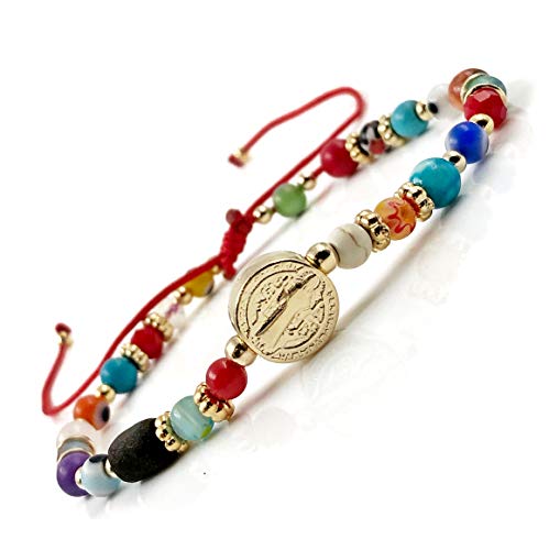 St Benedict Genuine Azabache Jet Stone and Colorful Evil Eye Beads Red String Bracelet for Women2