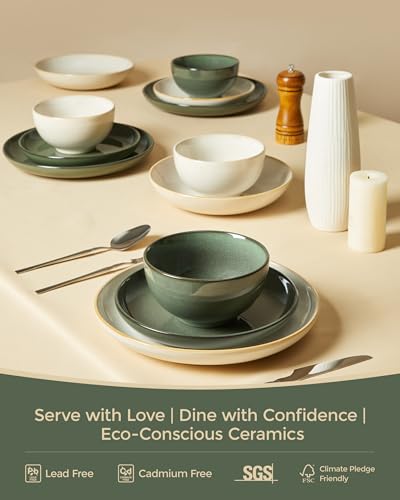 Image of Pokini Stoneware Dinnerware Sets for 6, 18 Piece Microwave Safe Plate and Bowl Set, Easy to Clean & Durable Dishes Sets for Small to Medium Families, Forest Green