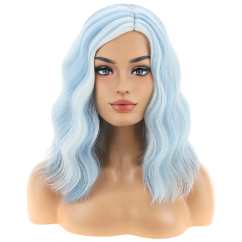 Image of BERON Blue and White Short Curly Wavy Wig for Women Flag Wig Shoulder Length Side Part Heat Resistant Synthetic Wigs Halloween Costume Cosplay Party Wig