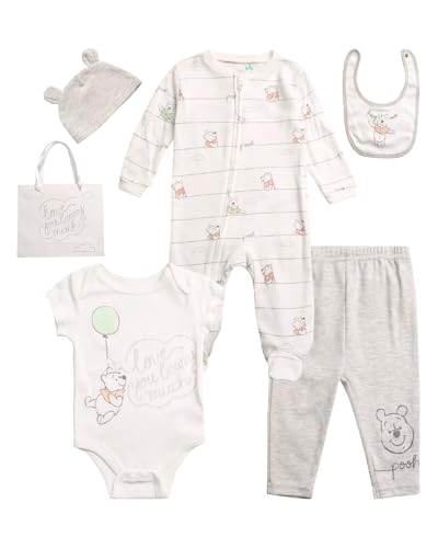 Image of Disney Newborn Baby Girl Boy Clothes - 7 Piece Mickey Mouse Winnie the Pooh Bib Onesie Overall Beanie Pants Gift Bag Gift Set