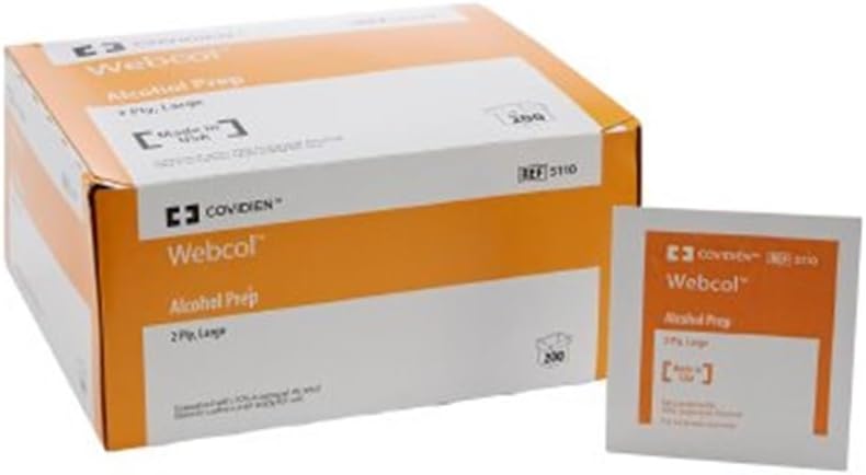 Alcohol Prep Pads, Large, Covidien 5110, 2-PlySpecial Pack of 2 Boxes by Webcol, Original, 200 Count (Pack of 2)