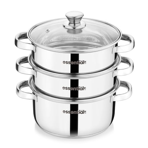 Image of Essential Plus Stainless Steel 3 Tier Steamer with Glass Lid (20cm), 3L Base Pot, Multi-Purpose Steamer for Momos, Modak, Vegetables and More, Compact Design - Induction and Gas Stove Ready