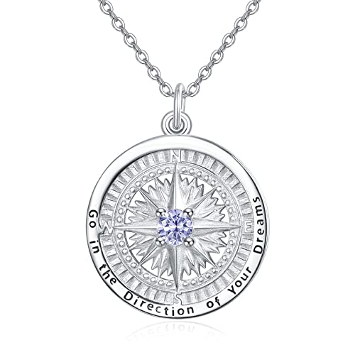 KINGWHYTE Graduation Gifts Birthstone Necklace for Women 925 Sterling Silver Compass Pendant Go in the Direction of your Dream Travel Jewelry Birthday Gift for Her