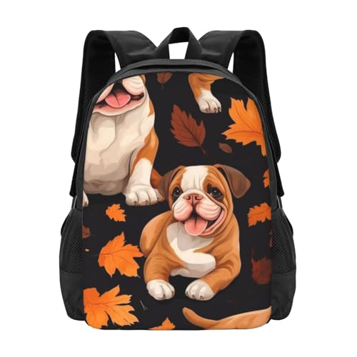 Commuter Unisex Bulldog Autumn Leaves Backpack Spacious Compartments for Work Essentials Casual Outings & Trips 17 Inch