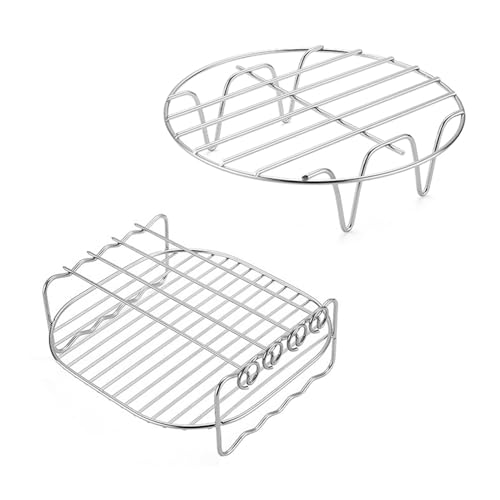 Stainless Steel Air Fryer Rack 7 inch, Set of 2 Multi-purpose Air Fryer Accessories, Air Fryer Double Layer Wire Rack with Skewer for Cooking Steaming Baking Grilling Frying, Dishwasher Safe